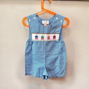 Vintage Star John 24M Boys Gingham Romper With Colorful Smocked Pencil Embroider